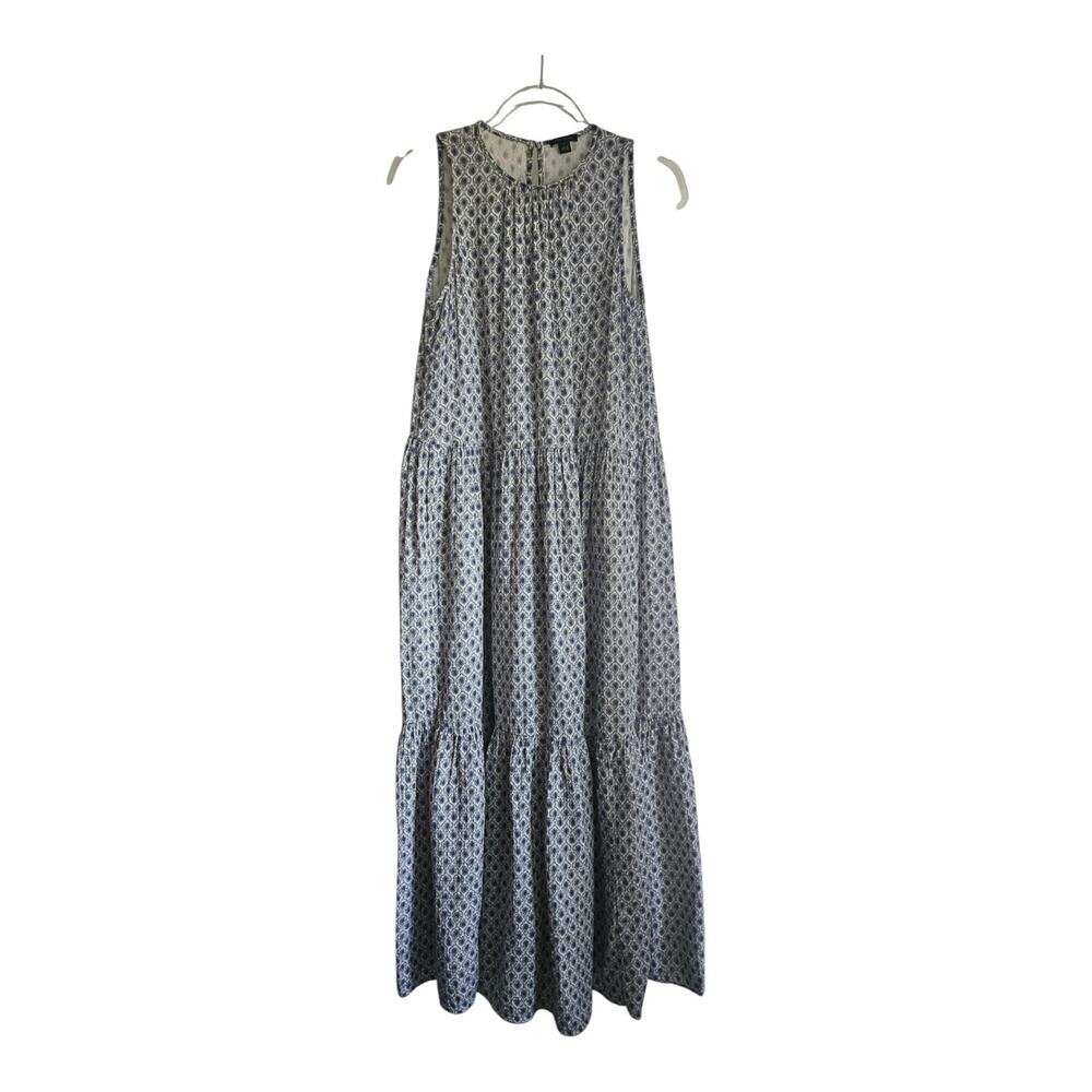 Ann Taylor Maxi Dress Size S Sleeveless Tiered 100% Cotton Pockets Blue White